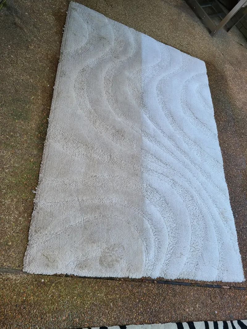 White shag area rug half cleaned, with the cleaned side visibly brighter
